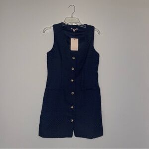 BeBop Navy Tweed Gold Button Up V Neck Mini Dress